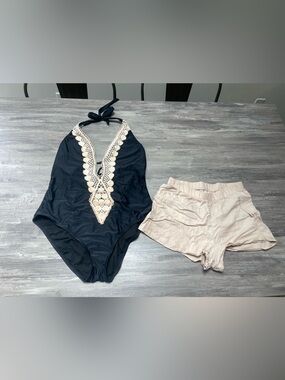 Romantic Black Swimsuit with Cream Accent and Linen cover up